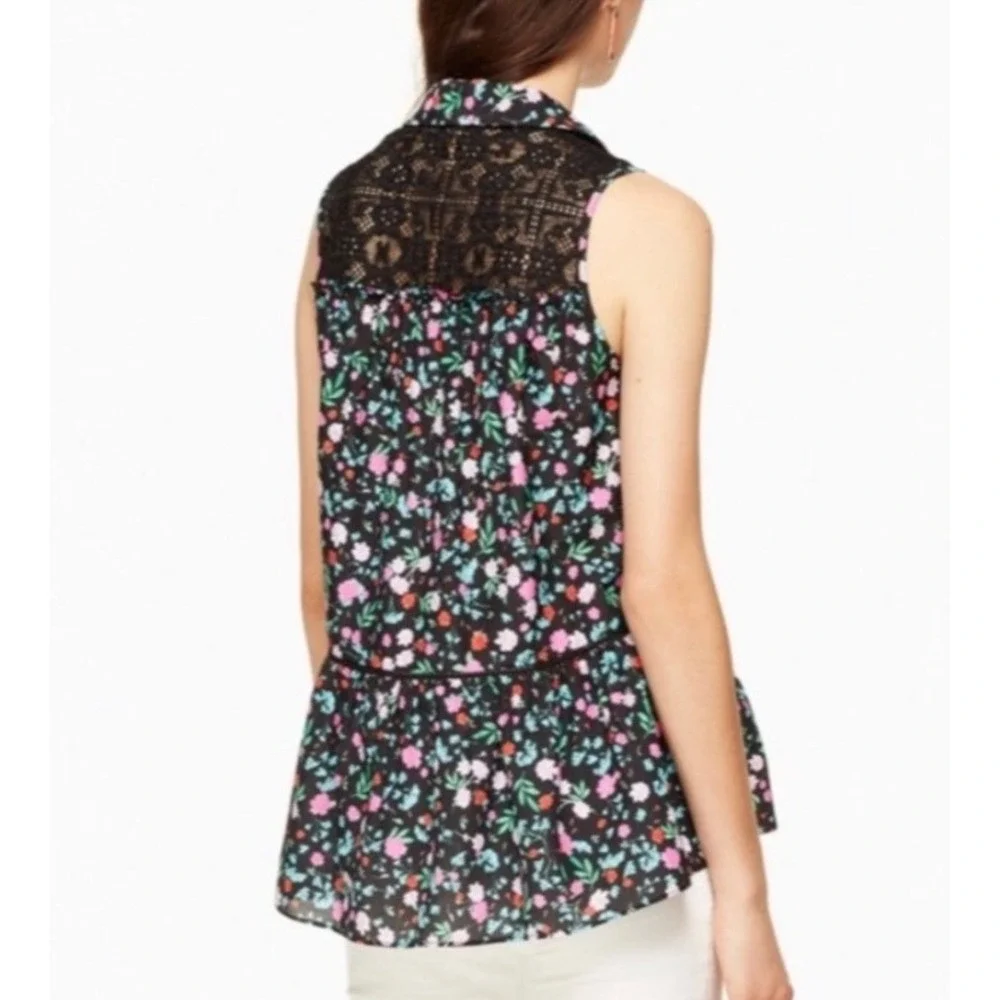 Kate Spade Floral Cotton‎ Silk Sleeveless Lace Yoke Peplum Blouse Black XS EUC